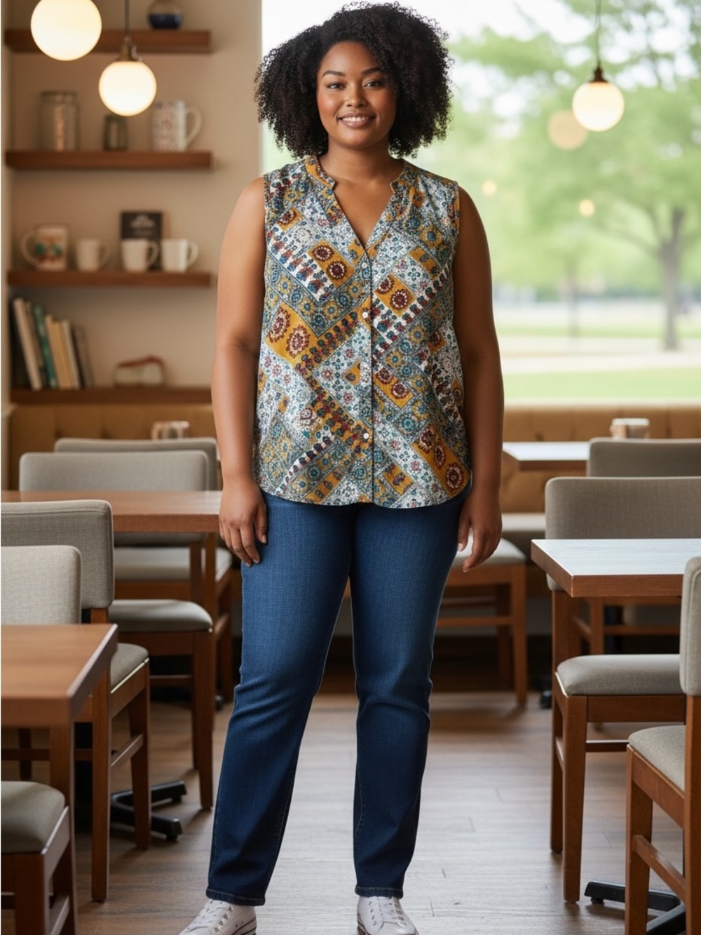 Amiana‎ Floral Boho Patchwork Top in Teal and Mustard 2X